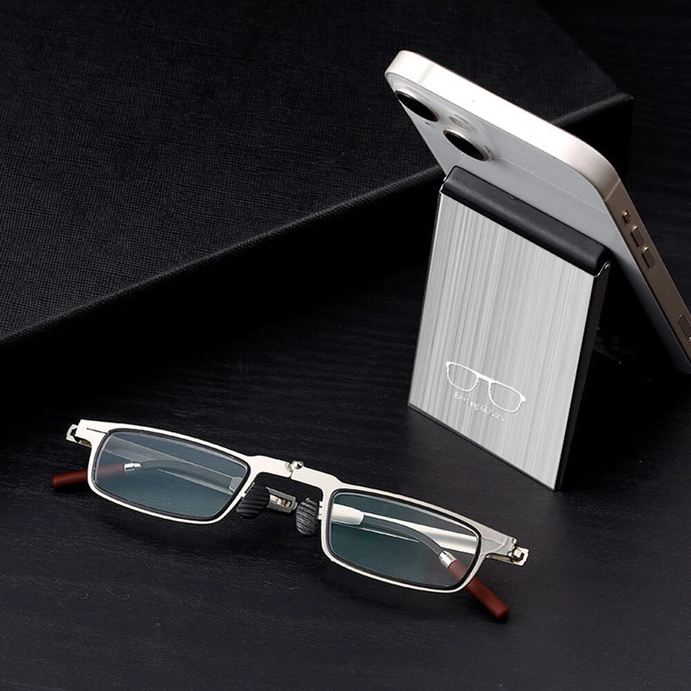 (image for) 2 in 1 Portable Folding Reading Glasses with Metal Glasses Case Mobile Phone Holder HD Anti-Fatigue Anti-blue Light Presbyopic Glasses