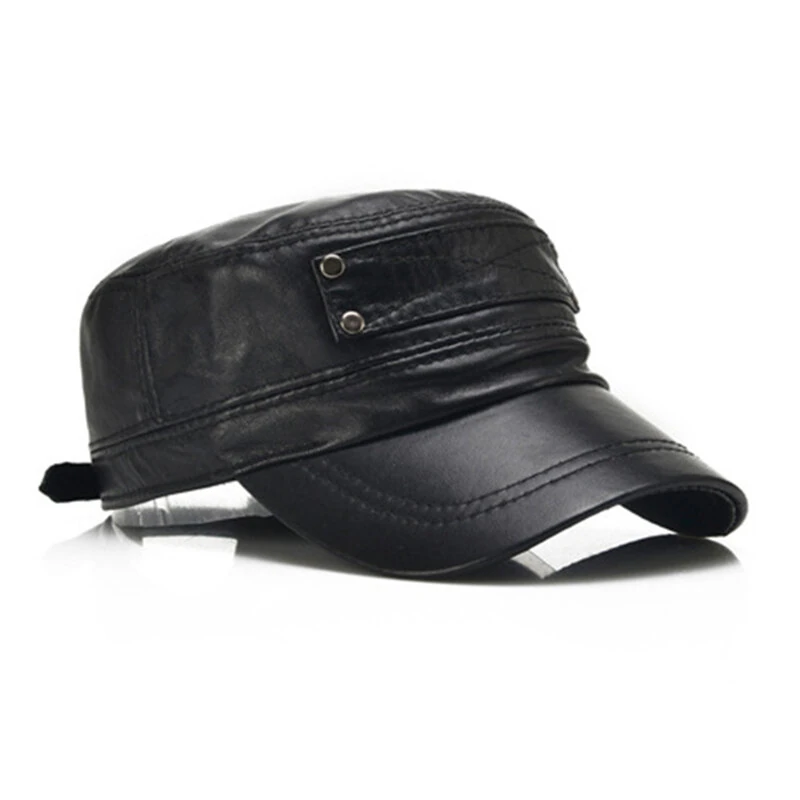 (image for) Collrown Genuine Sheepskin Leather Cap Men's Flat Cap Adjustable Outdoor Casual Black Caps for Spring Fall