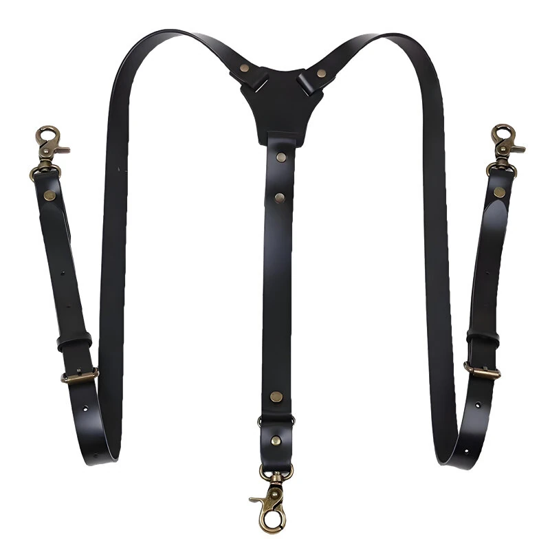(image for) Men's PU Leather Suspenders Retro Style Y back Adjustable Belt Loop 3 Snap Hooks Belt Mens Trousers Braces