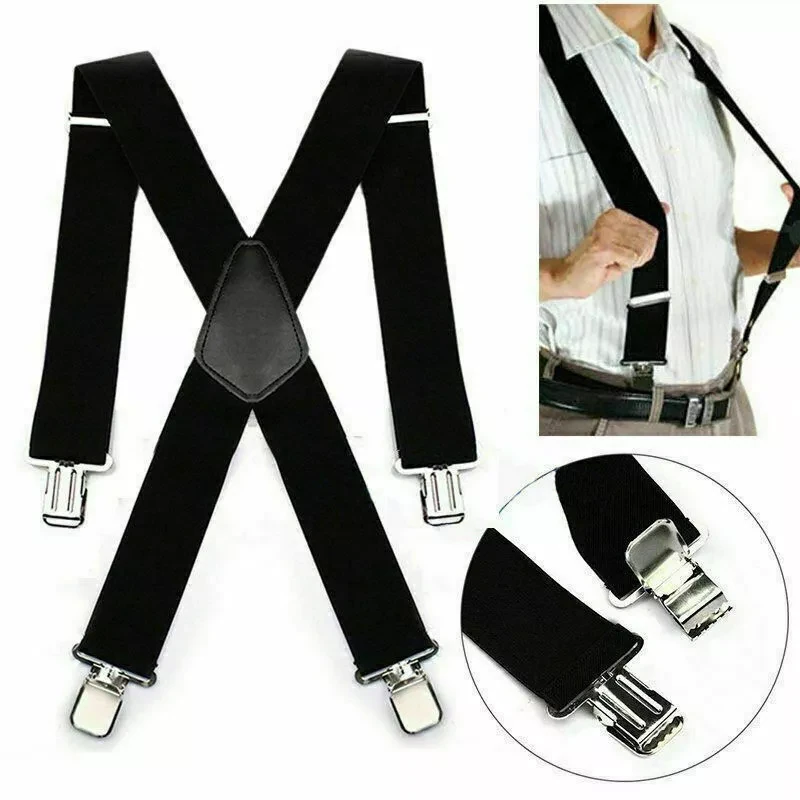 (image for) Men's Suspenders With 5cm Widened And Comfortable Elastic Straps, Adjustable 4 Clips For Trousers, Classic Black Suspenders Elastic X-Back