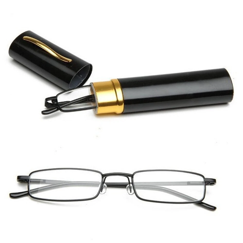 (image for) Portable Mini Lightweight Reading Glasses with Pen Tube Case Anti-blue Light Presbyopic Glasses Metal Case Women Men Eyeglasses +1.5-+3.5